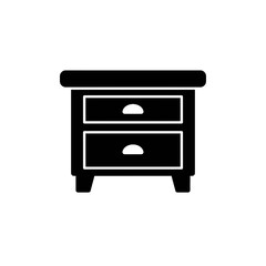 Black silhouette icon of a bedside table or nightstand with two drawers, representing bedroom furniture storage.