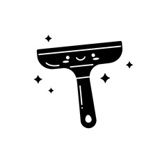 A cute black silhouette icon of a smiling squeegee surrounded by sparkles, representing cleaning and shine.