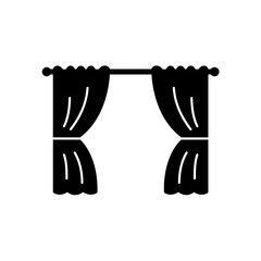Black silhouette icon of open window curtains hanging on a decorative rod.