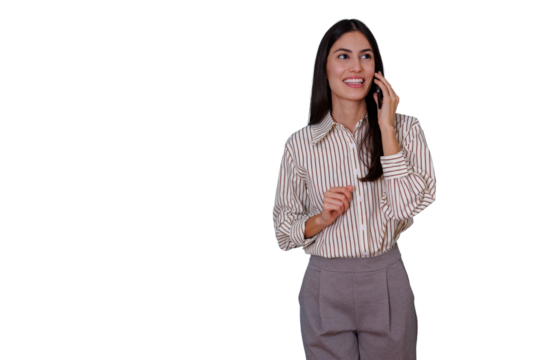 Businesswoman talking on cell phone, smiling, communicating, and interacting. She is working remotely on a transparent background
