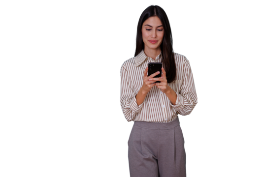 Professional woman smiling using phone for business communication, texting, and networking on transparent background