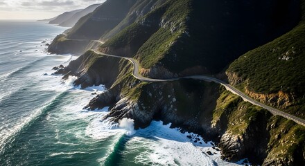 Aerial view of coastal road winding along cliffs with waves crashing against the rocky shoreline