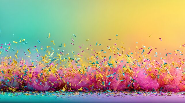 Colorful confetti party scene with vibrant pastel background and fluffy textures creating a festive celebration atmosphere