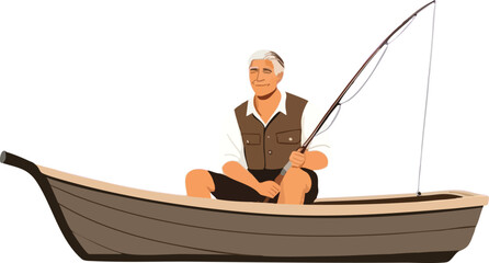 Fisherman Sitting in Wooden Boat with Fishing Rod