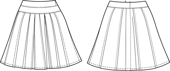 CAD drawing flat vector illustration of pleated skirt fashion sketch, technical clothing design, apparel template, garment outline, black and white