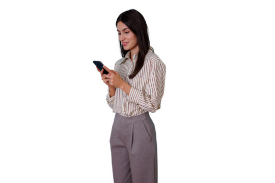 Businesswoman standing, texting on smartphone, communicating, browsing internet with mobile device, transparent background