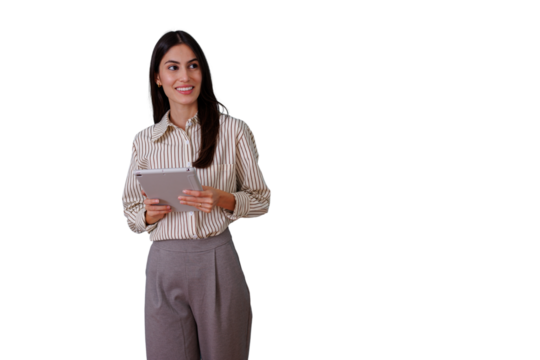 Woman holding tablet, smiling, looking away, planning strategy, showing business professionalism on transparent background - Powered by Adobe