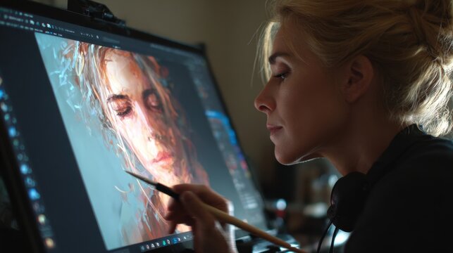 Female Artist Painting Portrait on Digital Tablet with Brush in Dark Studio Environment