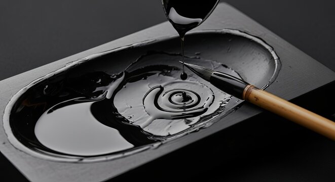 Traditional Chinese calligraphy artist painting black ink with bamboo brush on ceramic inkstone palette creating spiral swirl pattern