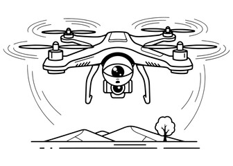 A drone mascot with a camera eye, flying over a landscape. Black and white vector line art for a logo, icon, or coloring book.