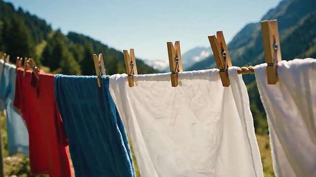 Quivering clothesline in mountain breeze, clothespins clatter against the rope.
