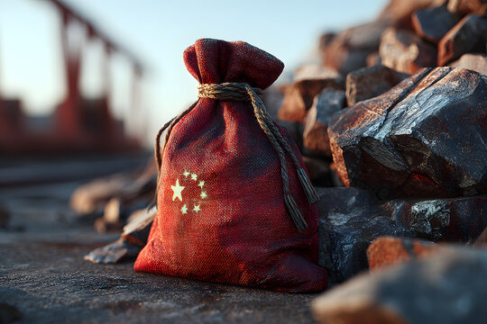 A red bag with the Chinese flag sits beside a pile of rocks, set against a blurred world map background, symbolizing trade and resources.
