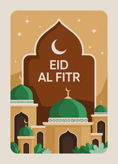 This festive image represents Eid Al Fitr, showcasing beautiful traditional architecture with domes and crescent moon, reflecting rich cultural heritage and joyous celebration.