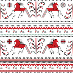 Seamless background with decorative elements of traditional folk of Russia. Mezensky red horse, bird and christmas tree