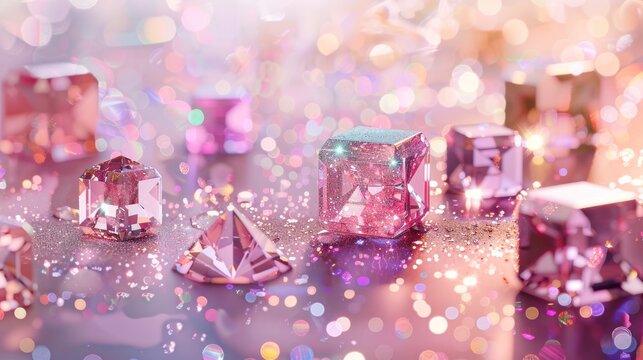 Pink Glittering Gemstones and Crystals on Sparkling Glitter Background - Powered by Adobe