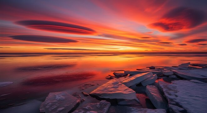 Vibrant sunset over calm water lenticular clouds add drama creating a serene landscape