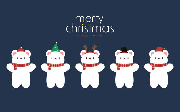 Merry Christmas. White polar bear in red scarf. Funny smiling face. Cute kawaii cartoon baby character. Candy cane. Greeting Card, sticker print. Childish style. Flat design. Vector