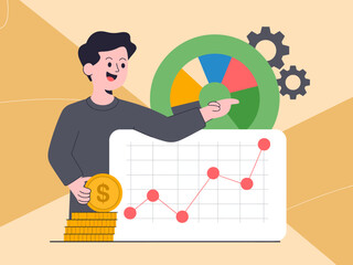 An engaging illustration depicting a cheerful professional presenting a growth chart, symbolizing finance, profitability, and strategic decision-making in a corporate environment.