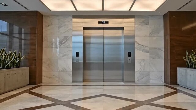 Stainless Steel Elevator Doors in Modern Corporate Lobby with Polished Floor reflecting Geometric Lines ideal for Modern Office Videos, Commercial Real Estate Websites, Architecture Brochures.