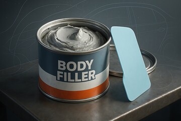Automotive Body Filler Putty Can with Spreader on Metal Workbench