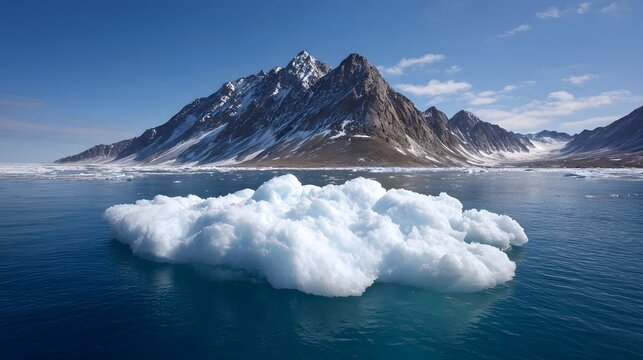 A majestic iceberg floats on clear blue water with snow covered mountains under a bright blue sky - Powered by Adobe