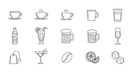 Collection of 15 diverse beverage line icons, including coffee cups, tea bags, soda bottles, milkshakes, beer mugs, cocktails, champagne flutes, coffee beans, citrus slices, and ice cubes, perfect