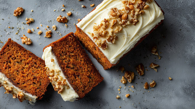 Carrot Cake Loaf with Cream Cheese Frosting and Walnuts &ndash; Sliced Flat Lay Top View, Natural Daylight Baking Concept