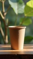 Biodegradable Paper Coffee Cup on Recycled Wood Counter Modern Eco Café Branding Mock Up