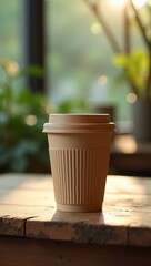 Biodegradable Paper Coffee Cup on Recycled Wood Counter Modern Eco Café Branding Mock Up