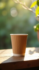 Biodegradable Paper Coffee Cup on Recycled Wood Counter Modern Eco Café Branding Mock Up