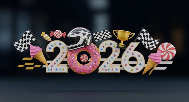 Exciting 2026 celebration design with racing elements and sweet treats for new year promotions or event announcements to stand out with playful fun