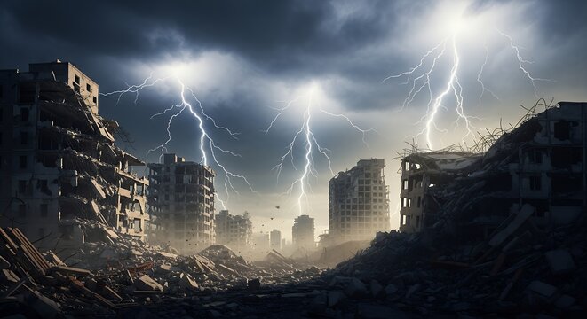 Devastated urban landscape with crumbling buildings under a dramatic sky with multiple lightning strikes