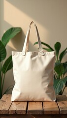 Eco Friendly Tote Bag Mock-Up on Wooden Table with Greenery and Natural Sunlight Minimal Sustainable Style