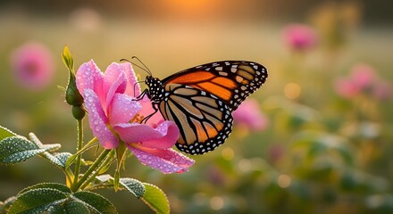 Naklejka premium Monarch butterfly perched on a pink rose with water droplets in a garden at sunrise or sunset time