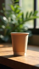 Biodegradable Paper Coffee Cup on Recycled Wood Counter Modern Eco Café Branding Mock Up
