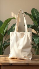 Eco Friendly Tote Bag Mock-Up on Wooden Table with Greenery and Natural Sunlight Minimal Sustainable Style