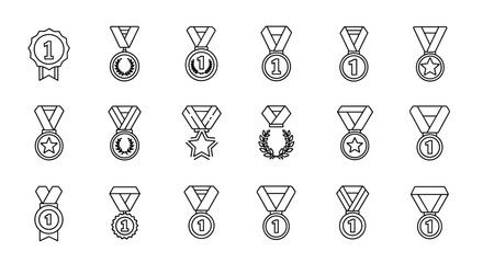 Collection of simple line icons representing first place medals, featuring variations with stars, laurel wreaths, and the number '1', perfect for sports, achievements, and award-themed graphic