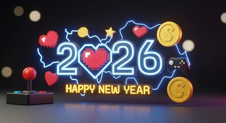 Retro gaming 2026 Happy New Year celebration with vibrant neon glow and vintage joystick, perfect for tech promotions and nostalgic holiday campaigns