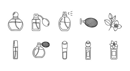 Collection of minimalistic outline icons representing various perfume bottles, atomizers, and a delicate floral element, perfect for web design, graphic applications, social media, and elegant