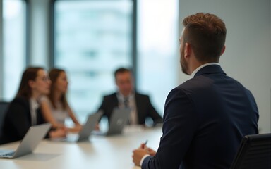 The back of a leader organizing a meeting against a blurry modern office backdrop. High quality