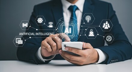 Man using smartphone with artificial intelligence icons business technology concept