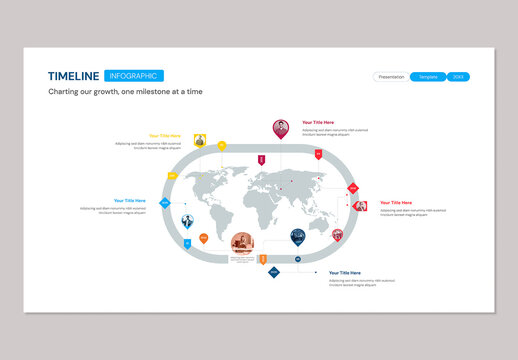 Circular World Map Timeline Infographic for Company History Presentation Template