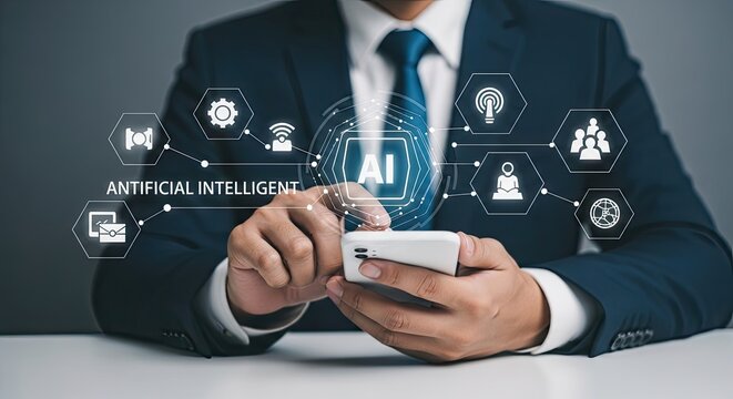 Man using smartphone with artificial intelligence icons business technology concept