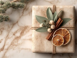 Overhead View of an Elegant Christmas Gift Box with Natural Decorations on Marble