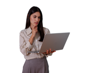 Businesswoman thinking and analyzing data on laptop, having problem solving business challenges, transparent background