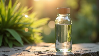 Clear Glass Water Bottle with Bamboo Lid on Stone Surface in Sunlight Realistic Eco Lifestyle Mock-Up