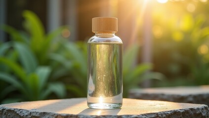 Clear Glass Water Bottle with Bamboo Lid on Stone Surface in Sunlight Realistic Eco Lifestyle Mock-Up