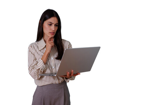 Businesswoman thinking and analyzing data on laptop, having problem solving business challenges, transparent background