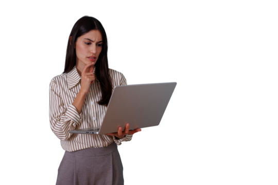 Businesswoman thinking and analyzing data on laptop, having problem solving business challenges, transparent background