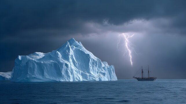 A majestic iceberg drifts in a stormy ocean as lightning strikes the dark sky near a distant sailing ship